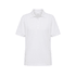 A white polo shirt with a collar and short sleeves, featuring a logo on the chest.