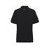A black men's polo shirt featuring a collar and button placket, with a logo on the chest area.
