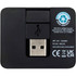 A black USB hub featuring a USB-A port, Type-C output, and dual input, with a small logo visible.