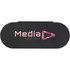 A black oval case featuring a logo in pink. The case is likely for storing items.