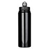 A drink bottle made of recycled stainless steel, featuring a sleek black finish and a black lid with a spout.