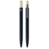 Recycled aluminium pen with bamboo clicker, featuring a sleek black design and a logo on the side.
