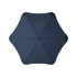 A dark navy umbrella with a sleek design and central button, featuring a branding logo.