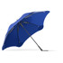 A blue umbrella with a sturdy frame and a designed canopy. It features a logo on the handle.