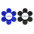 A novelty item featuring two flower-shaped pieces, one in blue and one in black, both with textured surfaces and a central logo.