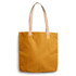 A mustard yellow tote bag with tan straps and a simple design. It features a logo on the front.