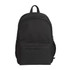 A black backpack featuring a main compartment, front pocket, and side mesh pocket. It includes a logo.