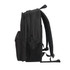 A black backpack featuring a mesh pocket, two zippers, and padded shoulder straps. It has a minimalistic design.