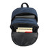 A navy-blue backpack opened to reveal compartments containing a laptop, notebooks, and other items. It features a logo.