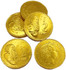 Six gold chocolate coins, featuring a mesh bag, each embossed with a design on both sides.