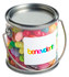 A small clear PVC bucket filled with colourful JELLY BELLY jelly beans, featuring a silver handle and a branding label.