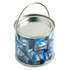 A silver bucket filled with blue-wrapped Mentos mints, featuring a handle for easy carrying.
