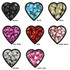 A variety of heart-shaped chocolates in black, blue, gold, hot pink, red, rose gold, silver, and light pink.