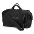A black duffle bag featuring a shoulder strap and dual handles, with a simplistic design and a logo on it.