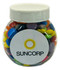 A plastic jar filled with colourful choc beans, featuring a white lid and a logo on the front.