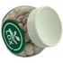A clear plastic jar filled with white mints, featuring a white lid and a green logo.