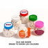 A collection of plastic jars filled with white mints, featuring various coloured lids and logos.