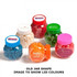 A collection of plastic jars filled with colourful jelly beans, featuring various lid colours.