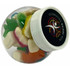 A clear plastic jar filled with colourful mixed lollies, featuring a white lid and a logo on the top.