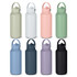 A drink bottle collection featuring various colours: green, white, pink, mint, navy, lavender, and black, with handles and logos.