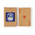 A deck of playing cards with a brown kraft box, featuring a heart Ace card and a logo on the box.