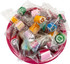 A bowl filled with individually wrapped rock candies in various colours, including pink, yellow, green, and orange.