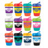 A collection of reusable coffee cups in various colors, featuring silicone bands and logo designs.