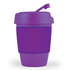 A reusable coffee cup in purple with a silicone band and a secure lid featuring a spout. It has a logo.