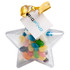 Acrylic star container filled with colourful mini jelly beans, topped with a gold ribbon and attached tag.