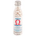A drink bottle filled with white mints, featuring a logo and a clear, transparent design.