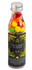 A drink bottle filled with colourful Skittles, featuring a metallic silver cap and decorative black and yellow label.