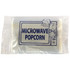 A bag of microwave popcorn, featuring an illustration of a microwave and popcorn, in a clear plastic wrapper.