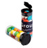 Two clear plastic tubes containing colourful chewy fruit candies, each with a black flip lid and a logo.
