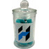 A glass apothecary jar filled with blue rock candy, featuring a logo on the front.