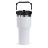 A drink bottle with a white body and black lid, featuring a handle and a metallic accent. It has a branded logo.