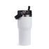 A drink bottle in white with a black lid and handle, featuring a stainless steel accent.