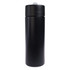 A drink bottle in matte black finish with a sleek design and a removable lid, featuring a branding logo.