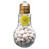 A light bulb-shaped container filled with white mints, featuring a gold top and a logo on the side.