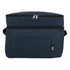 A dark blue cooler bag with dual zippered compartments and a front pocket, featuring a branding logo.