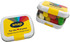 A small rectangular tin filled with colourful mini jelly beans, featuring a lid with a logo and vibrant design.