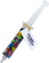 A syringe filled with colourful choc beans in various shades, featuring a tag and a logo.