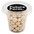 A clear tub filled with white chewy mints, featuring a black lid with a logo.