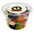 A tub filled with assorted JELLY BELLY jelly beans in various colours, including orange, green, and black.