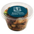 A clear tub filled with mixed nuts and savoury snacks, featuring a blue lid with a logo.