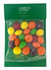 A clear bag containing multicoloured Skittles in yellow, green, red, purple, and orange hues, with a branded header.