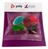 A bag containing mixed lollies in various shapes and colours, including blue, green, red, and purple. It has branding.
