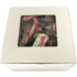 A small white kraft gift box featuring a transparent lid with festive treats, including candy canes and gingerbread.