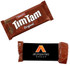 A Tim Tam biscuit in a brown wrapper with branding, displayed alongside a brown sleeve featuring a logo.