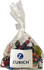 A clear bag containing a variety of mixed lollies in bright colours, with a logo on the front.