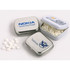 Small rectangular tins filled with sugar-free lollies, featuring logos on the lids and white confections inside.